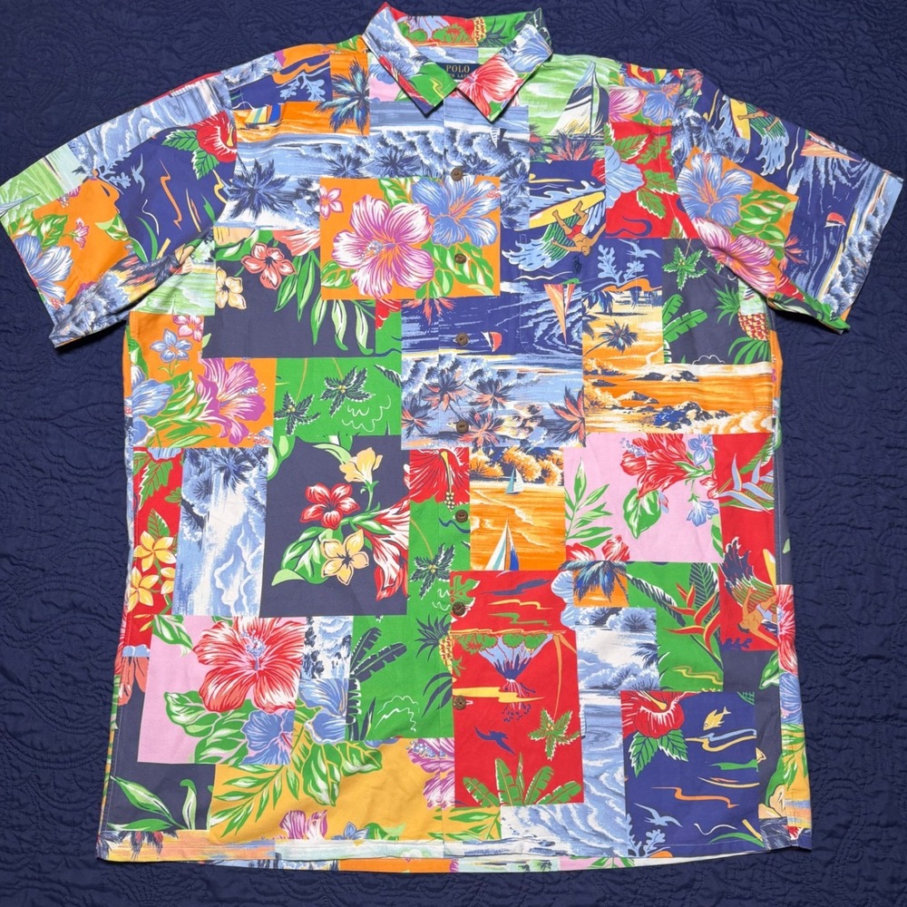 Polo Ralph Lauren XLT Patchwork-Print Oxford Camp Shirt Button Up Hawaiian